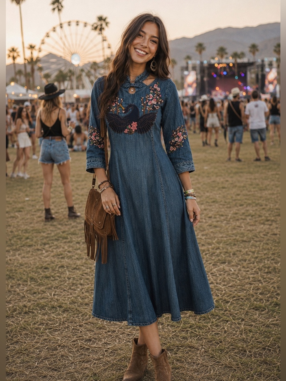 Vintage Embroidered Denim Dress Mandarin Collar Full Skirt Fitted, XS, MSRP $195